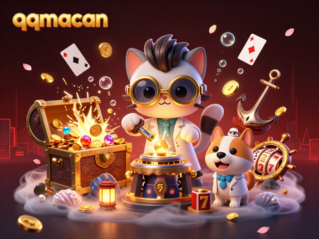 Engage with the vibrant qqmacan scene featuring a mad scientist cat and dog in a casino treasure explosion.