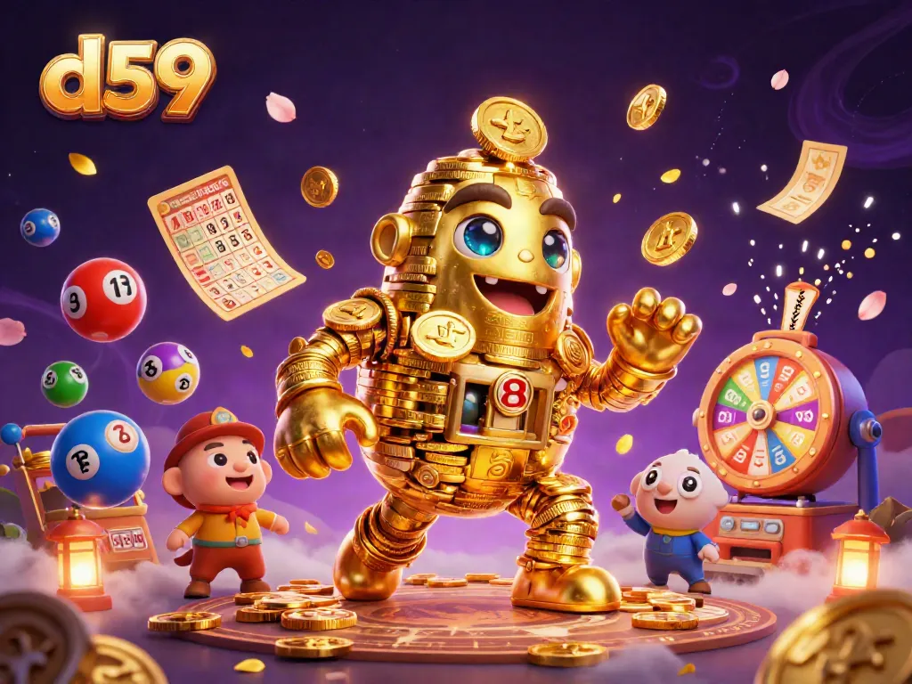 Menangkan jackpot menarik dengan d59, golem emas berputar dikelilingi simbol slot.