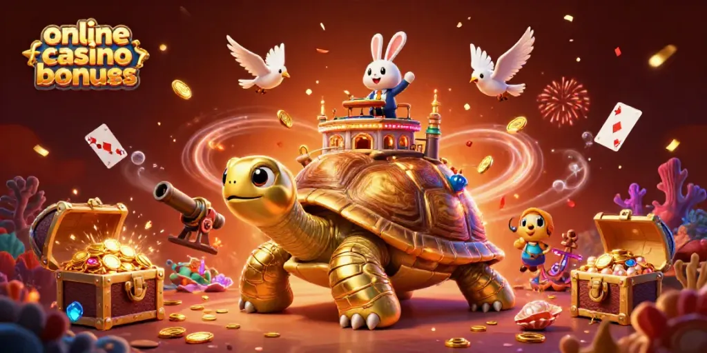 Celebrate amazing online casino bonuses with a vibrant 3D cartoon scene featuring a golden tortoise and a rabbit dealer.