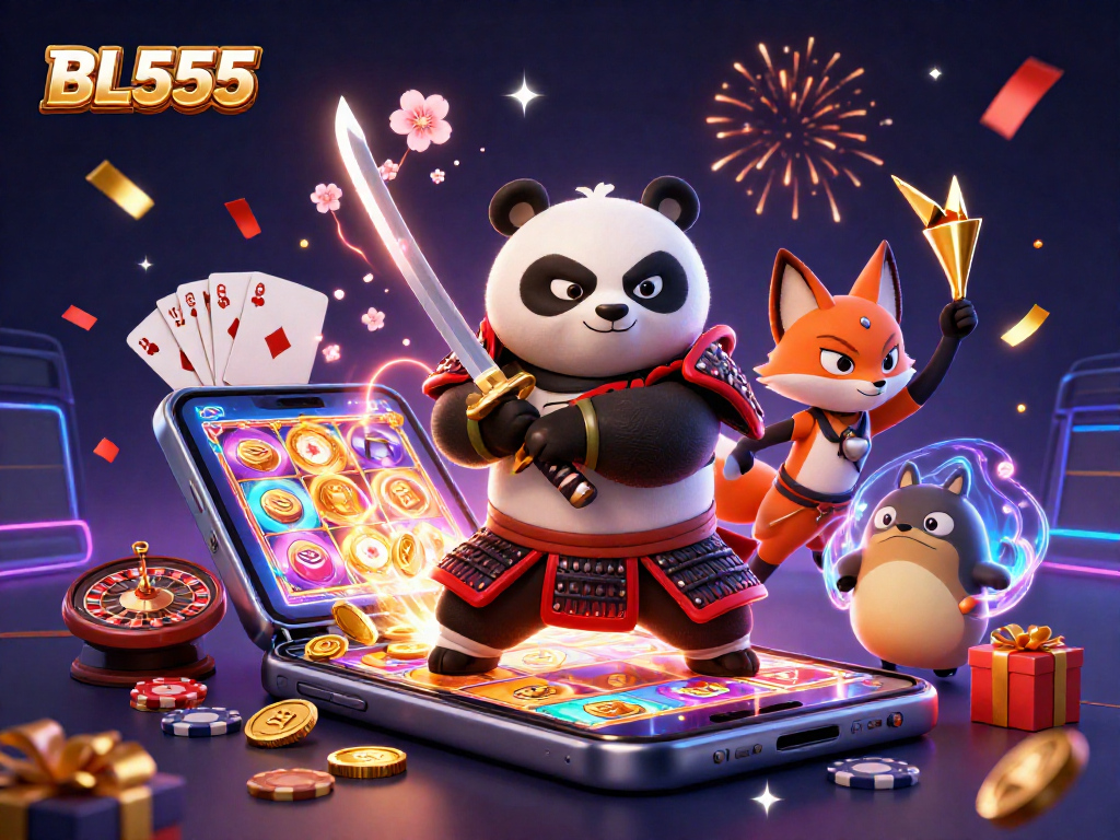 Experience thrilling gaming action with BL555, showcasing samurai panda and ninja fox in an exciting casino backdrop.
