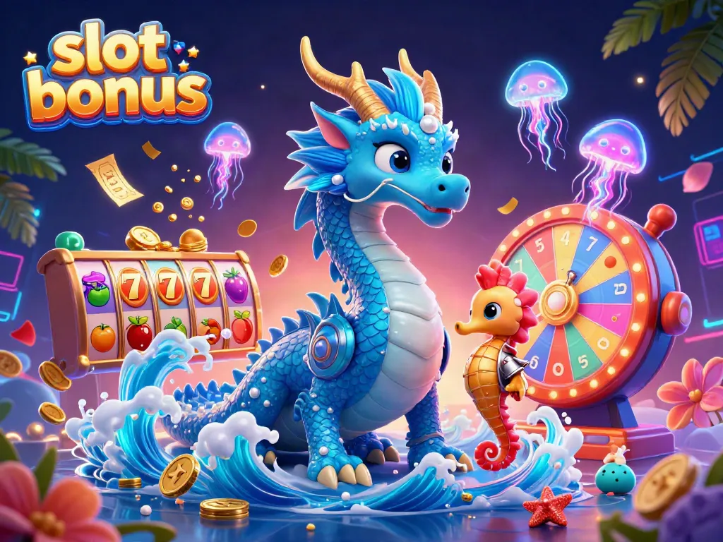 Experience slot bonus excitement with a dragon, seahorse knight, and neon jellyfish in a vibrant casino scene.