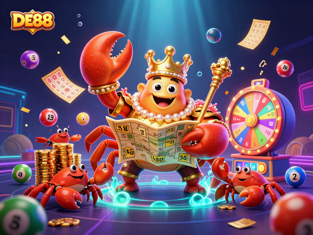 Win big at DE88 with a dynamic illustration of a golden crab emperor surrounded by exciting lottery elements.
