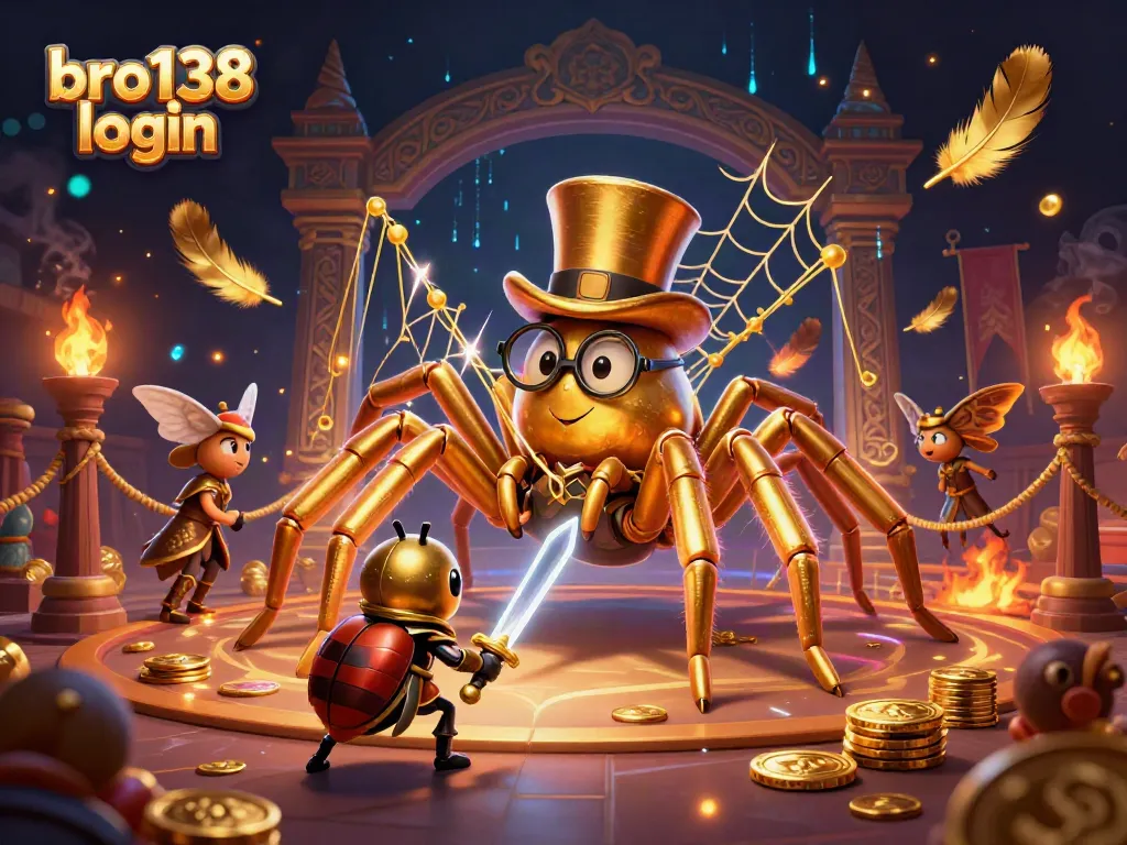 Experience the excitement of bro138 login with a golden tarantula and knight in a vibrant casino scene.