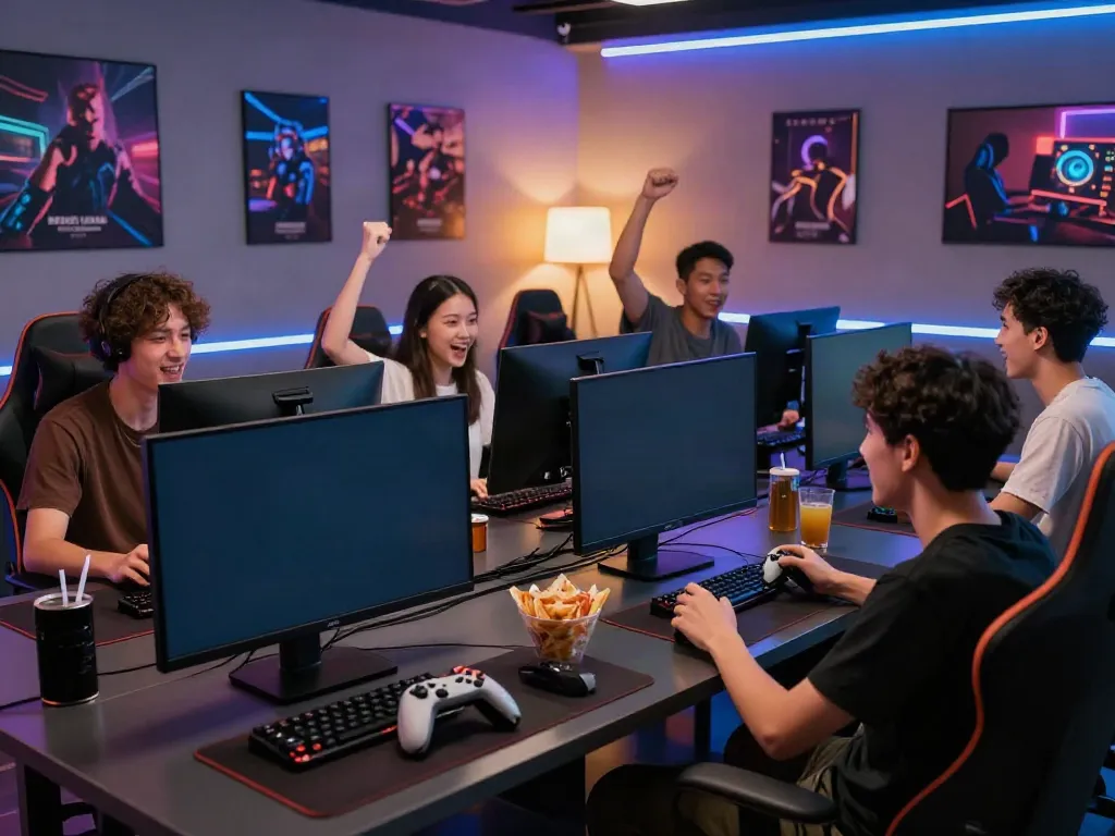 Young adults celebrating a victory in a gaming room, featuring qqmacan gaming on large screen.