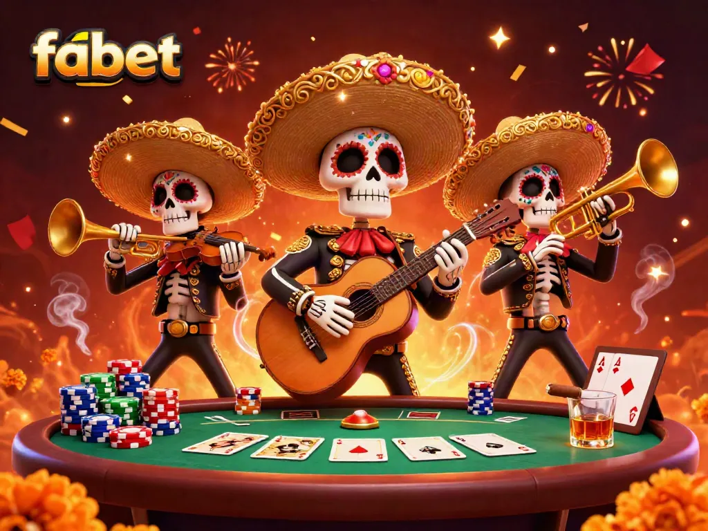 Experience winning strategies with fabet in a vibrant 3D casino scene, showcasing a festive mariachi band.