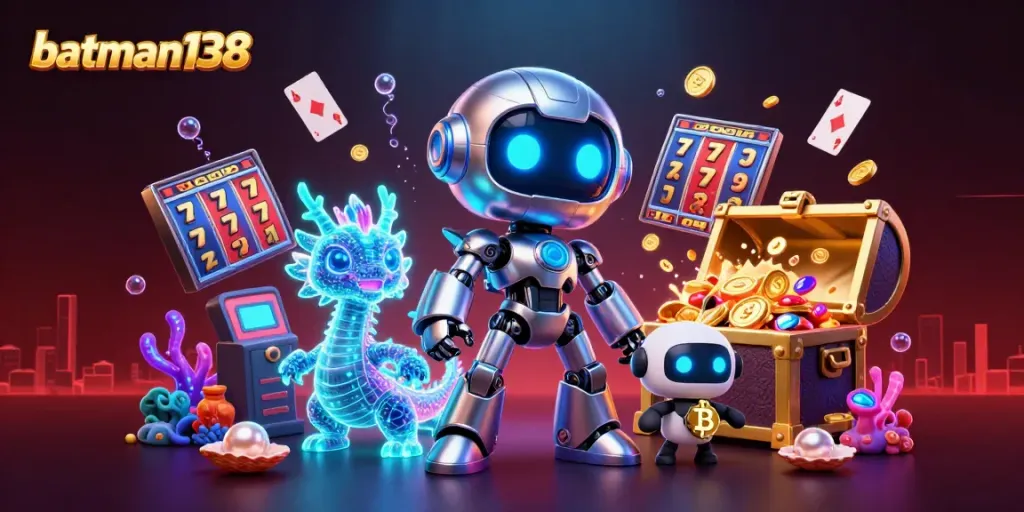 Experience the excitement at batman138 with a vibrant 3D casino-themed illustration showcasing colorful slots and rewards.