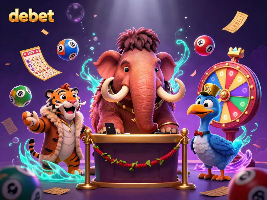 Experience debet with a vibrant casino scene featuring a woolly mammoth bouncer and dynamic lottery elements.