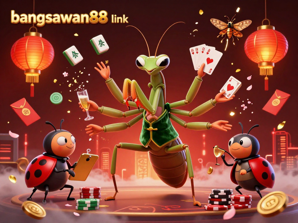 Engage with the vibrant scene of bangsawan88 link featuring a card sharp mantis and ladybug pit boss amidst dynamic casino elements.