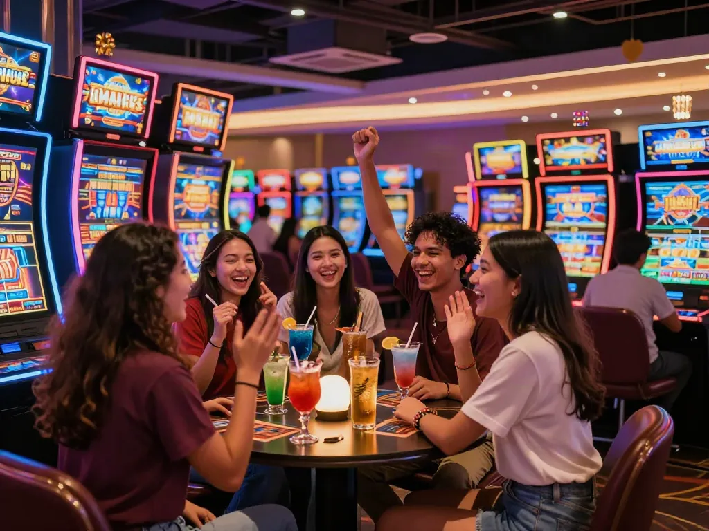Exciting casino scene featuring players engaged at slot machines in Thailand, highlighting vibrant nightlife and entertainment.