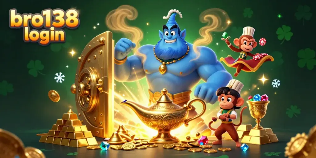Experience the excitement of gaming with bro138 login, featuring a genie, poker chips, and treasures.