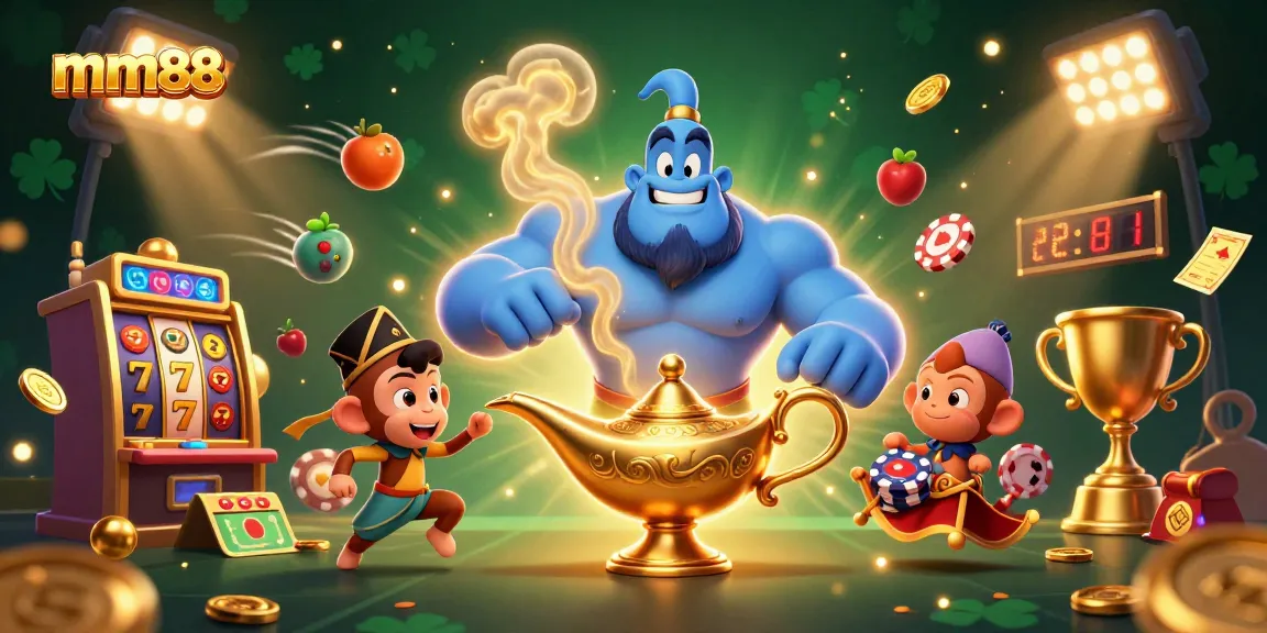 Experience thrilling jackpots with mm88 as a genie grants winning wishes amidst slot machine excitement.