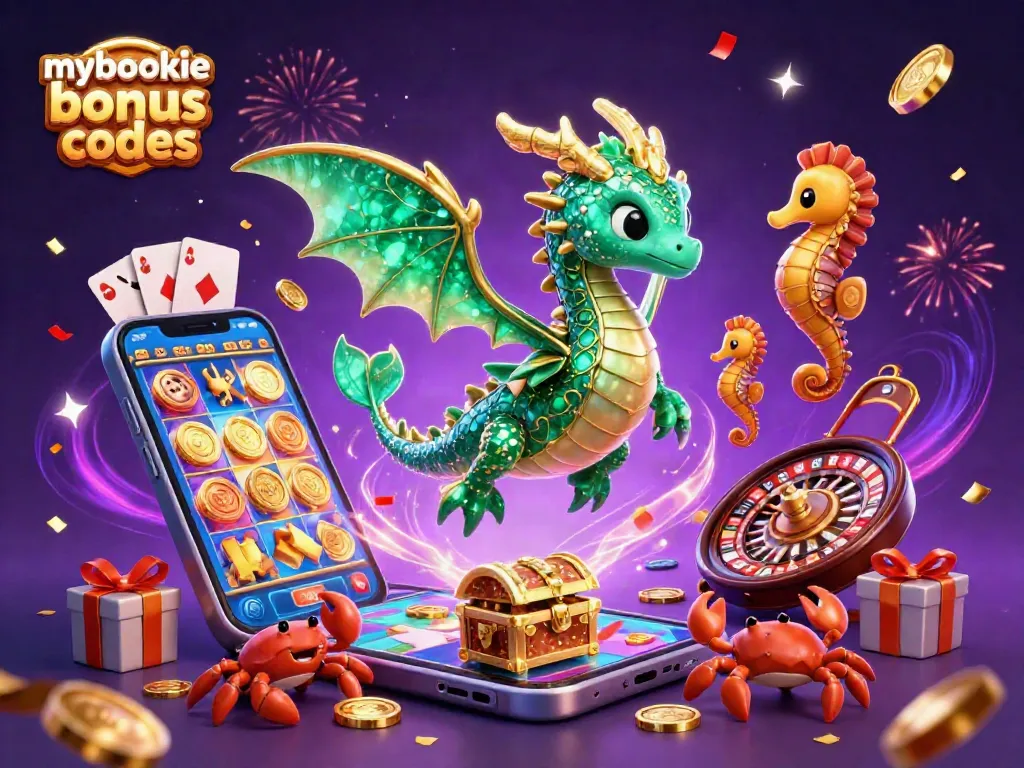 Win with mybookie bonus codes featuring an emerald sea dragon and vibrant casino elements.