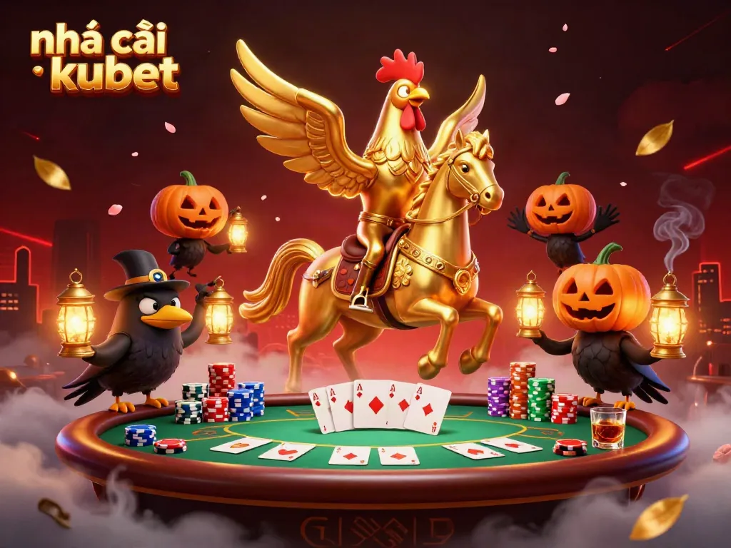 Engage with the dynamic atmosphere at Nhà cái kubet featuring a golden rooster and casino elements.