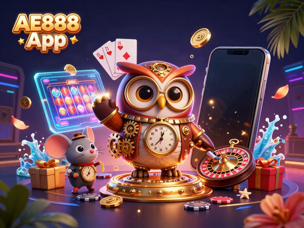 Experience the thrill of gambling with the AE888 App illustration featuring steampunk owl and dynamic casino elements.