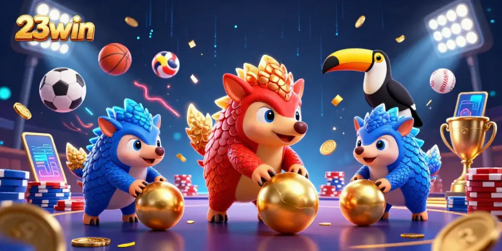 Experience the thrill of 23win with rival pangolins competing in a casino-themed showdown.