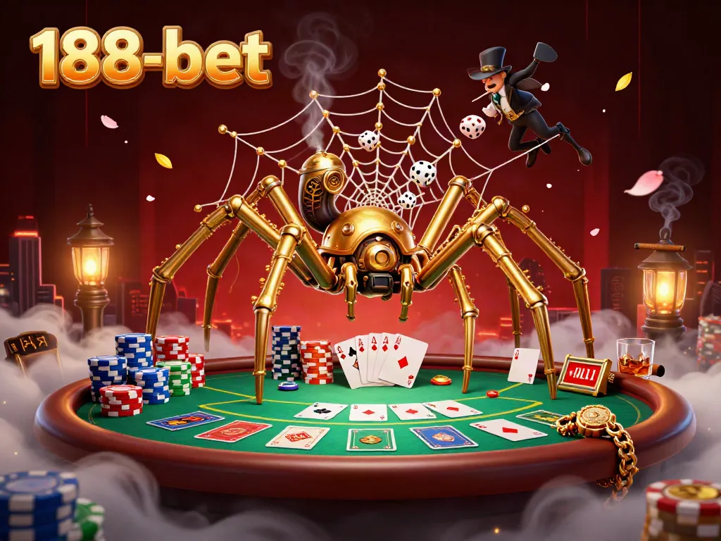 Engage with the thrilling action at 188-bet as a whimsical steampunk spider weaves a poker web.