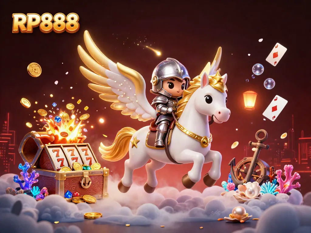 Experience slot gaming thrills with RP888's dazzling 3D illustration of exciting casino elements.