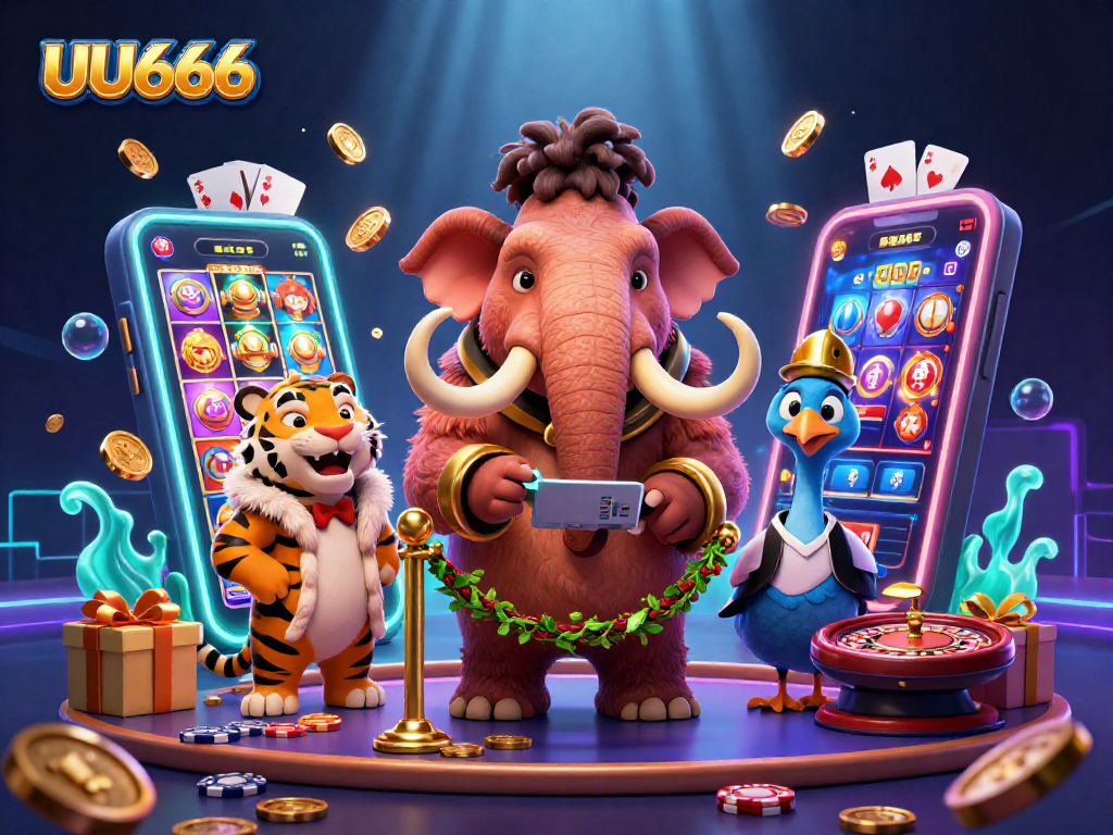 UU666 stands strong as a dynamic online casino featuring a woolly mammoth bouncer checking IDs with lavish slot elements.