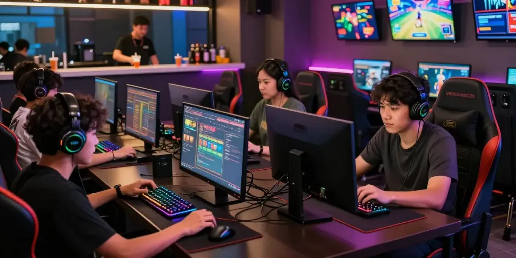 Gamers enjoying a thrilling experience at yumetoto Slot Toto games in a vibrant gaming café.