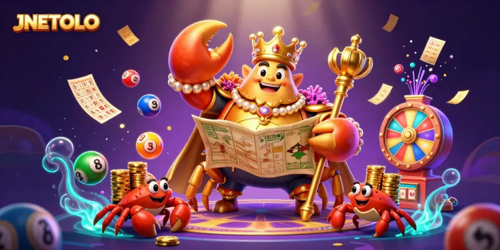 Engage in JNETOTO's vibrant lottery fun with a golden crab emperor and dynamic game elements.