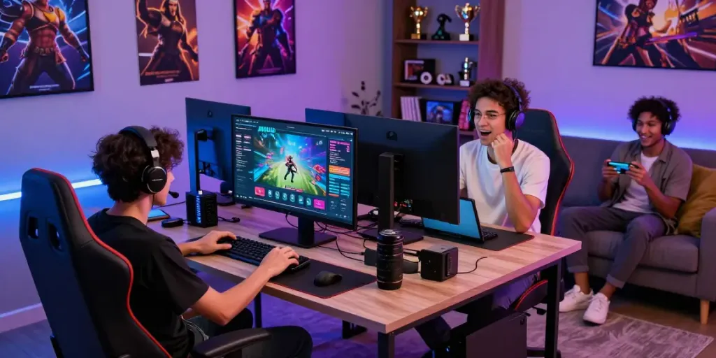 Players enjoying AHHA4D gaming experience via devices in a vibrant environment.