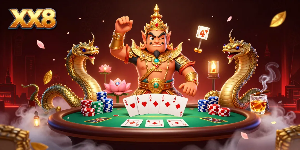 Experience the excitement of XX8 gaming with engaging poker elements in a vivid 3D illustration.