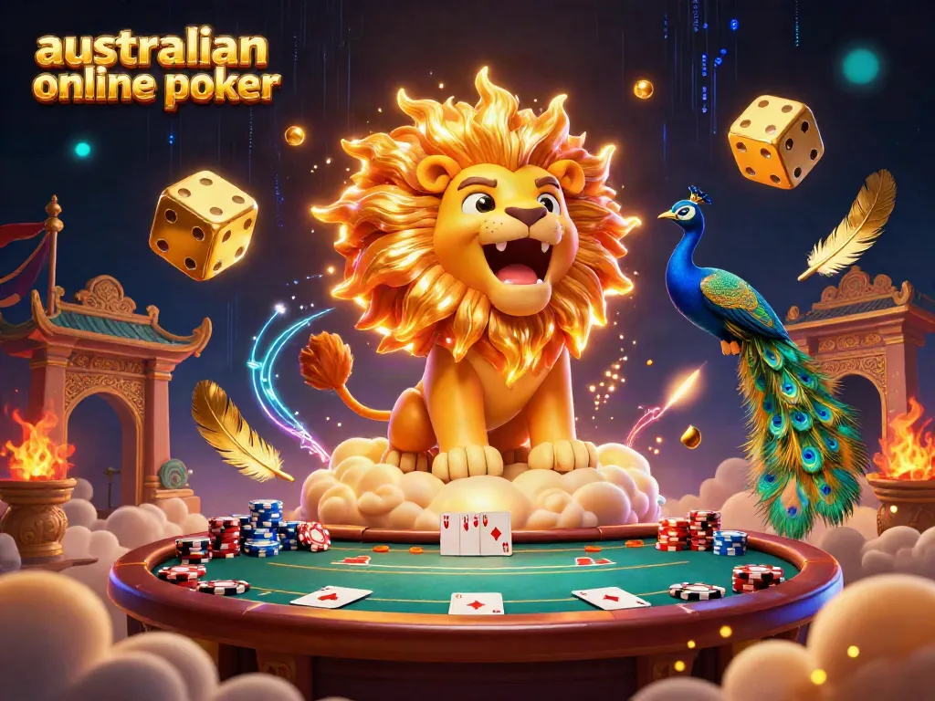 Engage in australian online poker with a dynamic scene of vibrant gaming elements, including poker tables and majestic characters.
