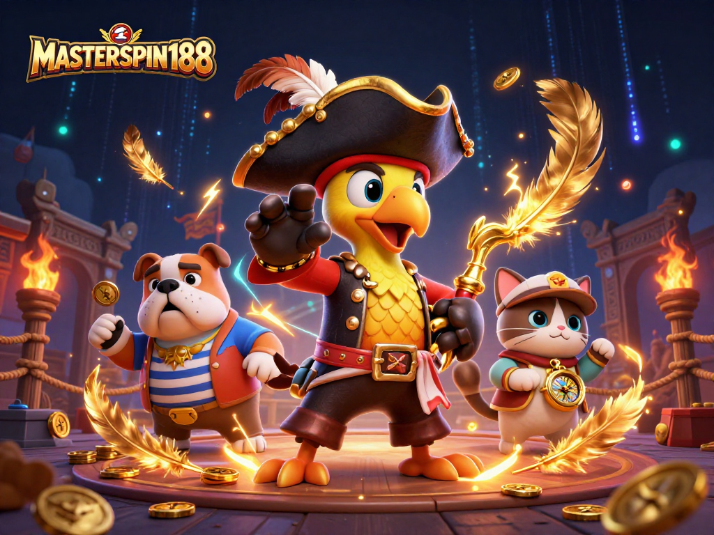 Engage with the MASTERSPIN188 pirate scene featuring vibrant characters amid gambling elements.
