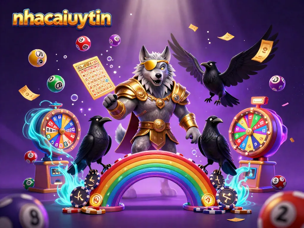 Engage in thrilling gaming adventures with nhacaiuytin featuring Odin's mythical wolf and vibrant lottery elements.