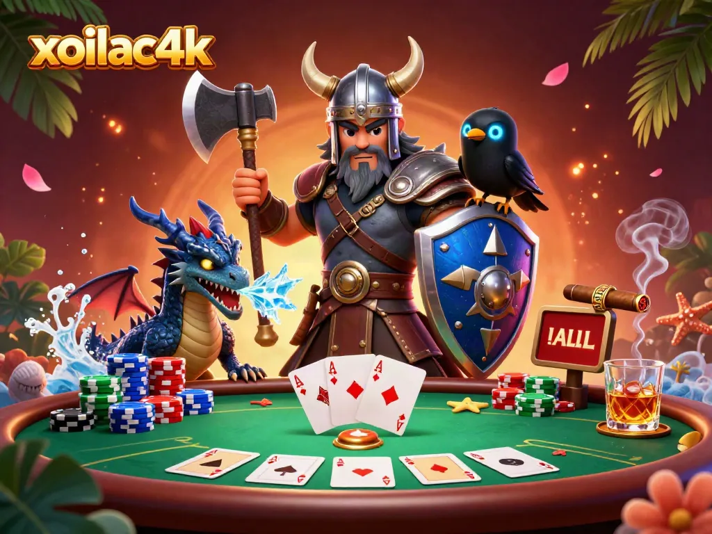Experience the thrill of online gambling at xoilac4k with a fantasy 3D scene featuring a Viking warrior and dragon.