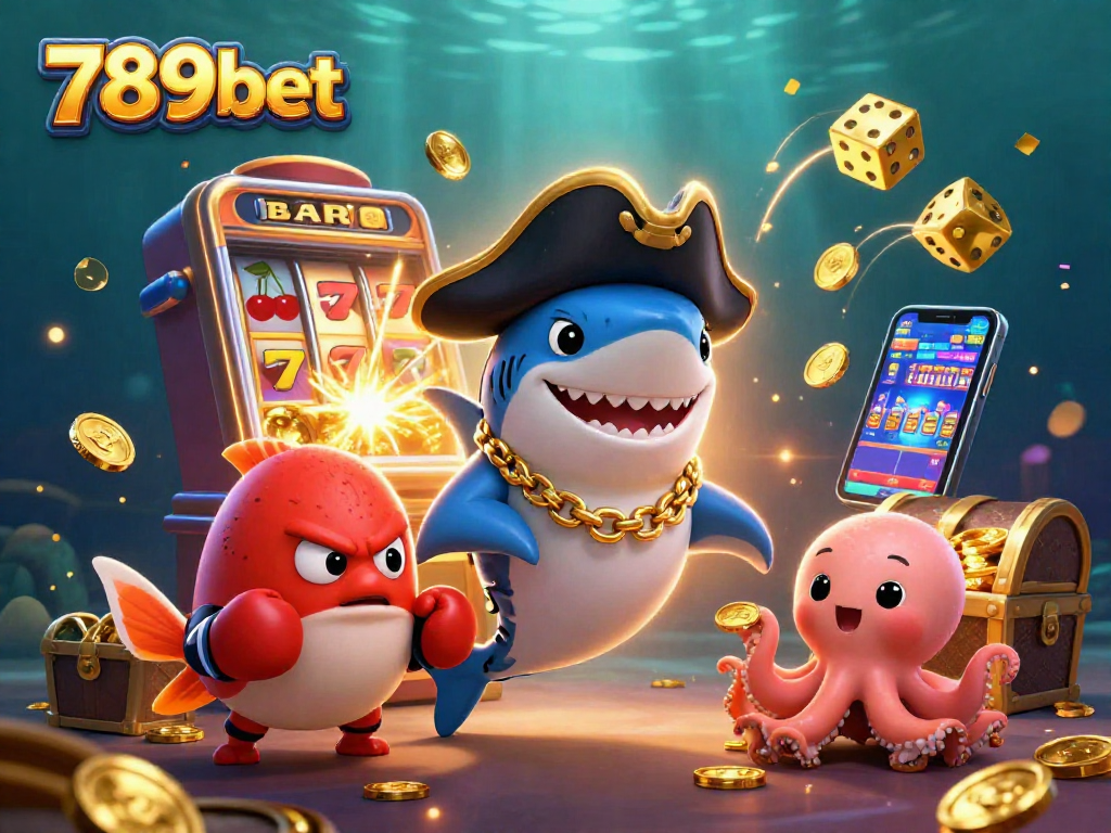 Join the excitement at 789bet with a 3D pirate shark and friends celebrating casino jackpots!