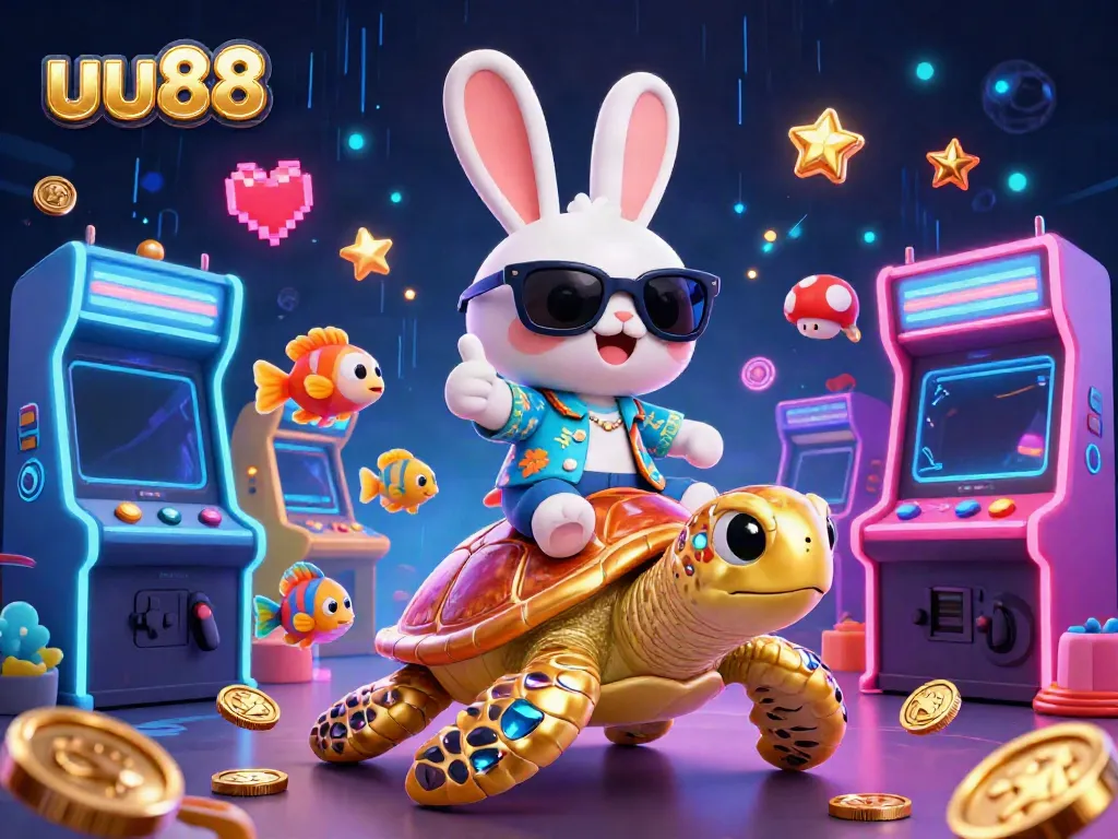 Experience thrilling gameplay at uu88 with a lively 3D scene featuring a lucky rabbit and turtle.