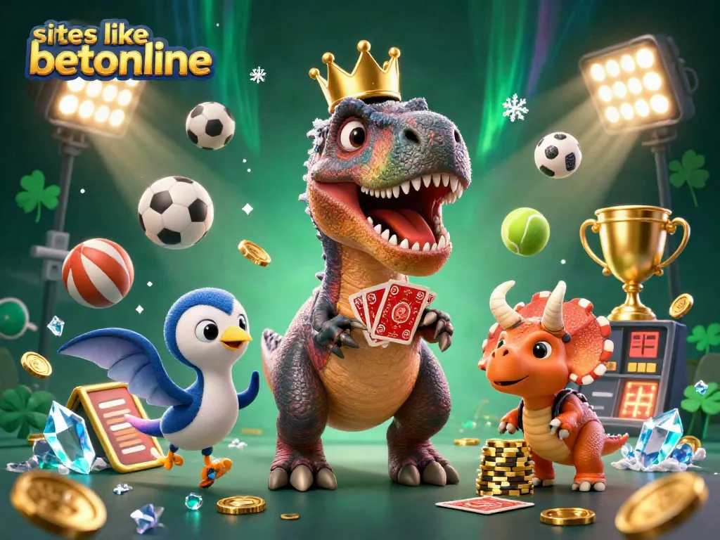 Engage with sites like betonline showcasing a 3D T-Rex dealing cards while a pterodactyl and triceratops add excitement with sports elements.