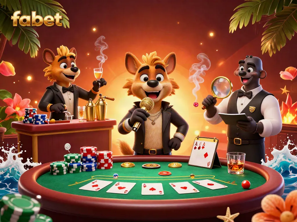 Engage with fabet's vibrant casino scene featuring hyenas at a comedy club with poker action and energetic decor.