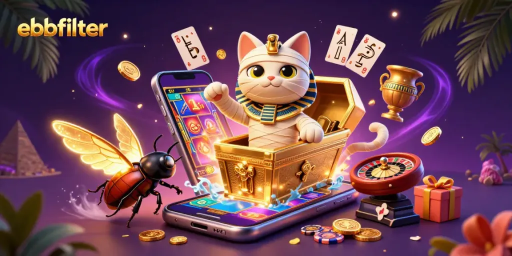 Spin exciting slot games with ebbfilter as the Egyptian mummy cat and companion come alive in a vibrant casino.