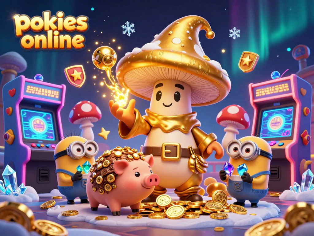 Experience pokies online excitement with a golden mushroom wizard and treasures in this vibrant casino scene.