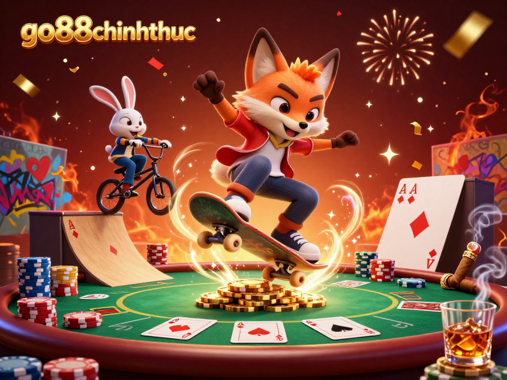 go88chinhthuc showcases a vibrant casino scene with cartoon fox and rabbit surrounded by poker elements.