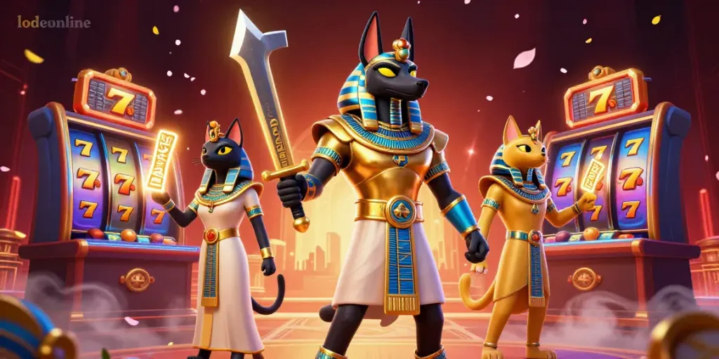 Engage in thrilling gameplay with lodeonline in this vibrant 3D casino scene featuring Anubis and Bastet.