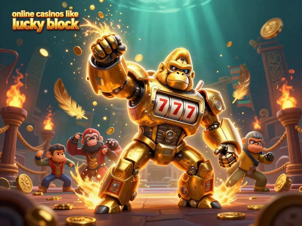 Experience the thrill of online casinos like Lucky Block with a dynamic 3D scene of epic gaming action.