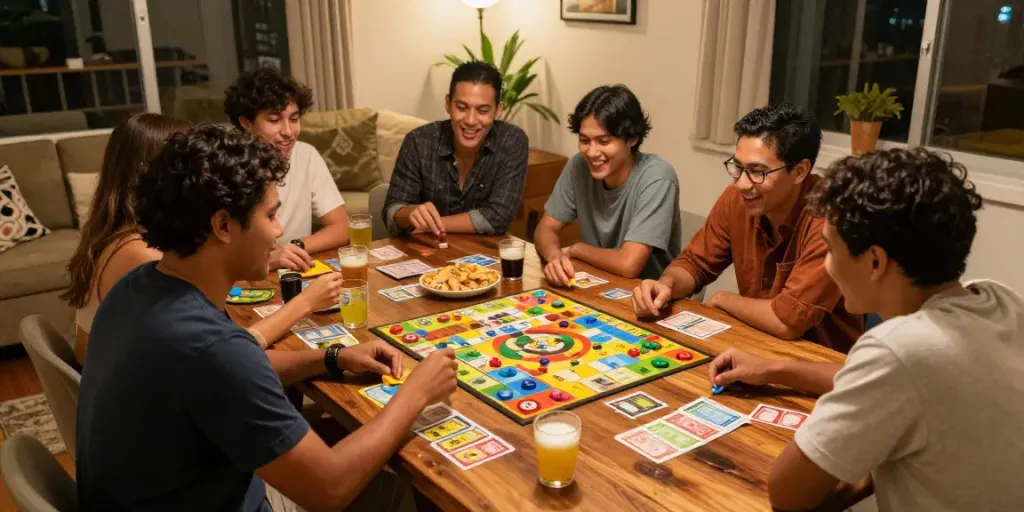 Friends enjoying a nyonya4d-themed game night with colorful board games and snacks in a cozy atmosphere.