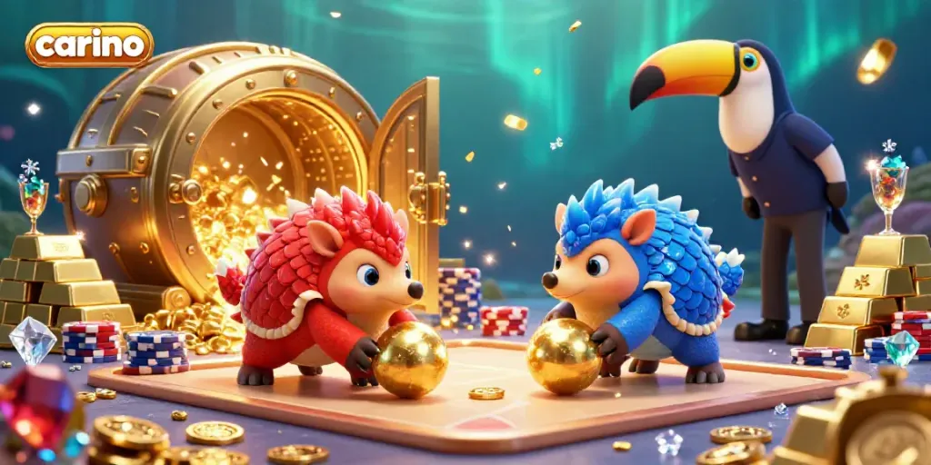 Carino pangolins compete in a vibrant casino scene, bowling through poker chips for victory.
