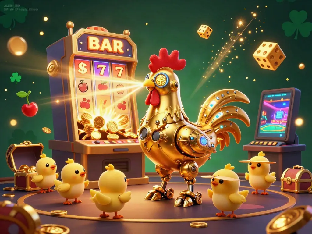 Experience the thrill of AE888 Đăng Nhập with a golden rooster robot amidst an exciting casino scene.