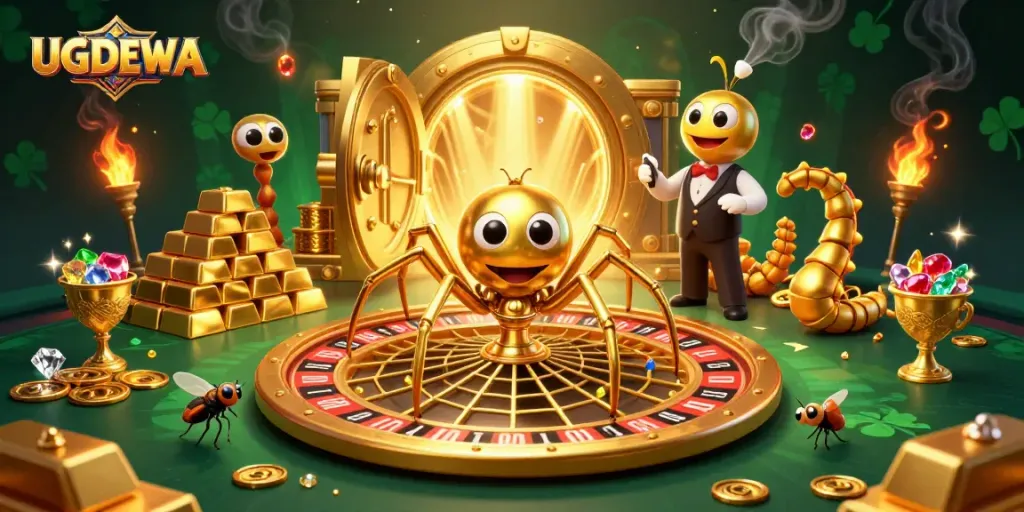 Engage with UGDEWA as the golden spider spins a dynamic roulette web in an exciting casino scene.