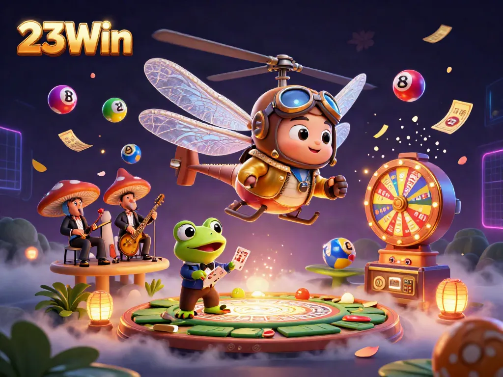 Engage with 23Win's vibrant casino features in a colorful scene filled with fluttering lottery balls.