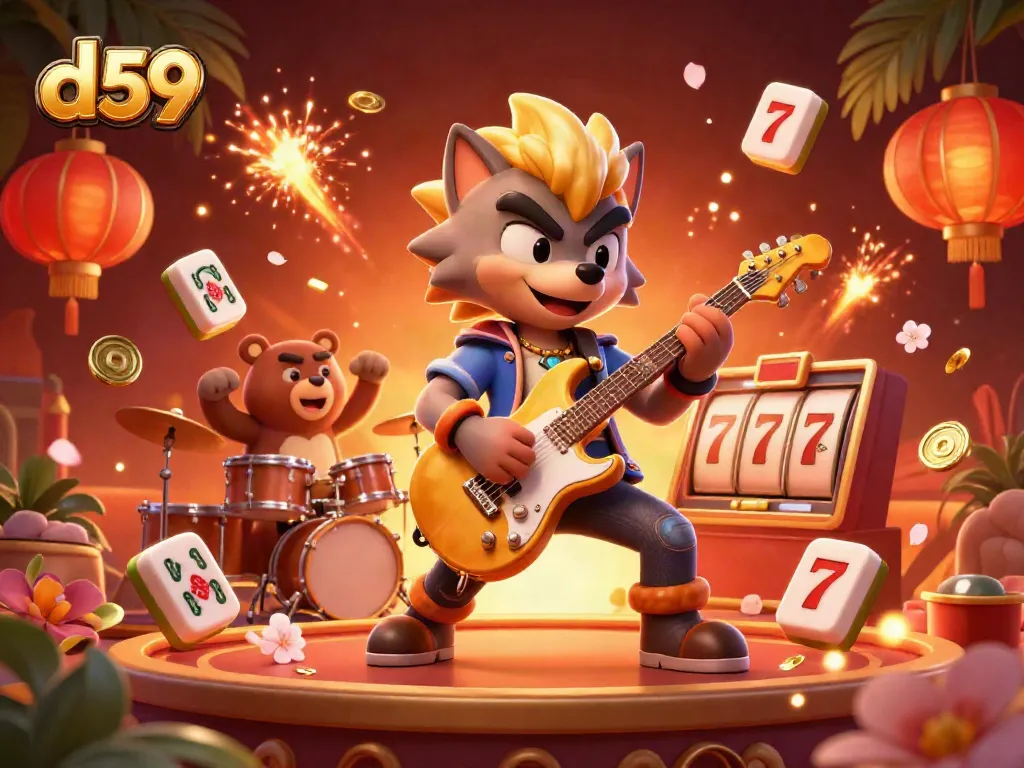 Dive into the excitement of d59 slots with vibrant characters on a dynamic casino stage filled with winning elements.
