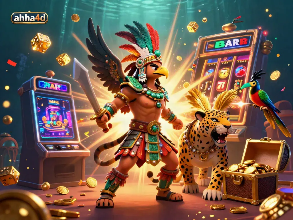 Experience the excitement of ahha4d's vibrant casino scene with an Aztec warrior and jackpot symbols.