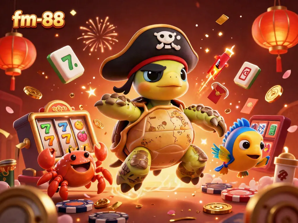Engage with the vibrant world of fm-88, featuring a pirate turtle and rich gambling elements in stunning 3D detail.