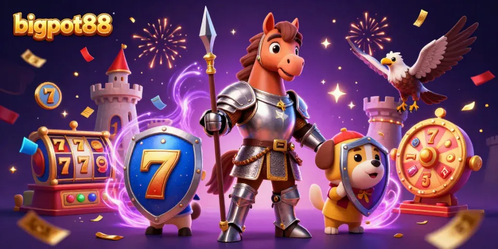 bigpot88 menampilkan suasana fantastis dengan karakter ksatria, anjing pengiring, dan elang, dikelilingi oleh elemen kasino yang memukau.