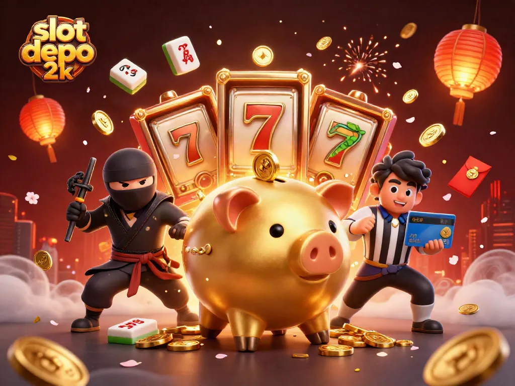 Experience thrilling spins at slot depo 2k with golden piggy bank sumo wrestler amidst a festive casino scene.
