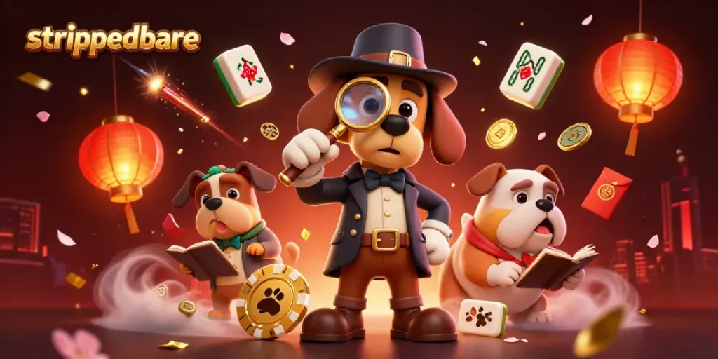 Ilustrasi kasino 3D dengan detektif dan anjing bulldog, mengungkap petunjuk dan taruhan emas, strippedbare menjadi fokus